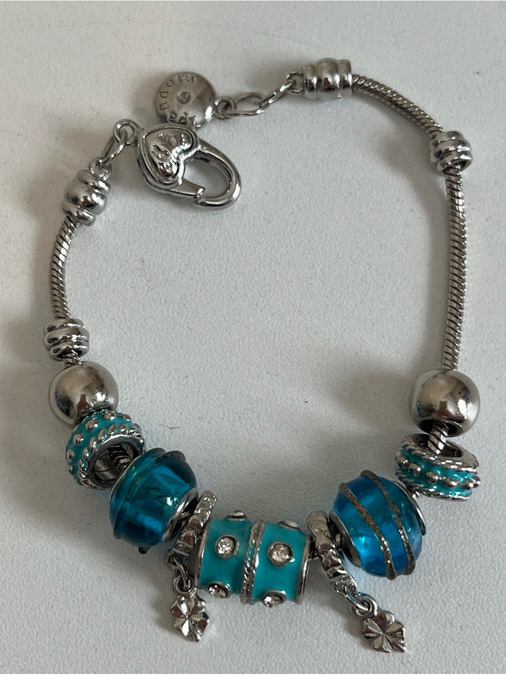 Pandora Sterling Silver Snake Charm Bracelet Aqua Charms Beads 8”